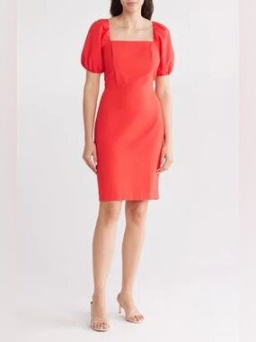 Eliza J Coral Puff Sleeve Square Neck Sheath Dress